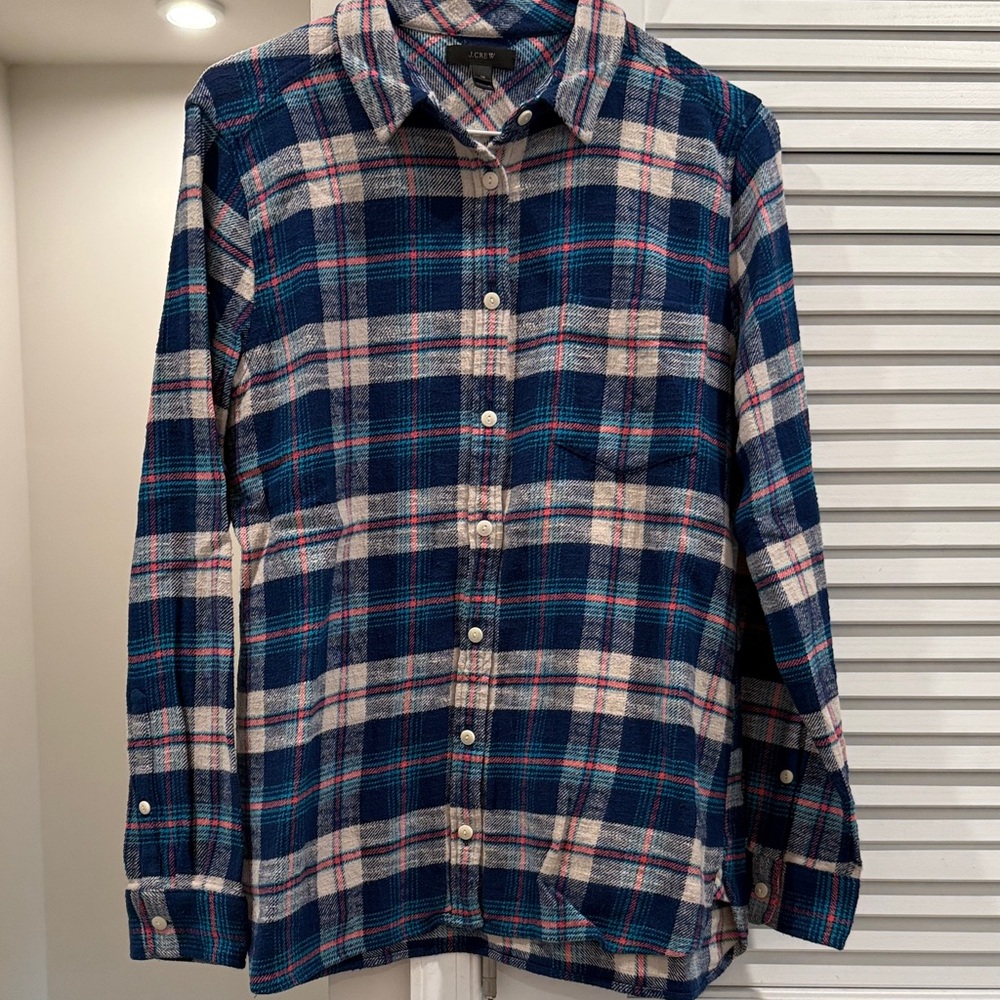 J. Crew Women's Blue and Cream Plaid Button Down Shirt